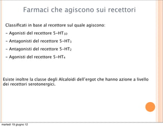 Farmaci che agiscono sui recettori

  Classiﬁcati in base al recettore sul quale agiscono:
  - Agonisti del recettore 5-HT1D
  - Antagonisti del recettore 5-HT3
  - Antagonisti del recettore 5-HT2
  - Agonisti del recettore 5-HT4




 Esiste inoltre la classe degli Alcaloidi dell’ergot che hanno azione a livello
 dei recettori serotonergici.




martedì 19 giugno 12
 