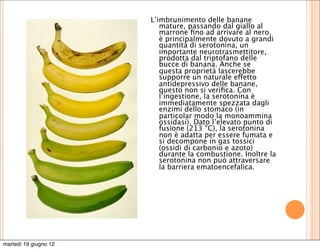 L’imbrunimento delle banane
                          mature, passando dal giallo al
                          marrone ﬁno ad arrivare al nero,
                          è principalmente dovuto a grandi
                          quantità di serotonina, un
                          importante neurotrasmettitore,
                          prodotta dal triptofano delle
                          bucce di banana. Anche se
                          questa proprietà lascerebbe
                          supporre un naturale effetto
                          antidepressivo delle banane,
                          questo non si veriﬁca. Con
                          l’ingestione, la serotonina è
                          immediatamente spezzata dagli
                          enzimi dello stomaco (in
                          particolar modo la monoammina
                          ossidasi). Dato l’elevato punto di
                          fusione (213 °C), la serotonina
                          non è adatta per essere fumata e
                          si decompone in gas tossici
                          (ossidi di carbonio e azoto)
                          durante la combustione. Inoltre la
                          serotonina non può attraversare
                          la barriera ematoencefalica.




martedì 19 giugno 12
 