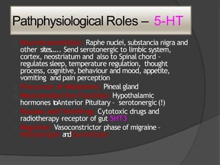 Pathphysiological Roles – 5-HT
 Neurotransmitter: Raphe nuclei, substancia nigra and
other sites….. Send serotonergic to limbic system,
cortex, neostriatum and also to Spinal chord –
regulates sleep, temperature regulation, thought
process, cognitive, behaviour and mood, appetite,
vomiting and pain perception
 Precursor of Melatonin: Pineal gland
 Neuroendocrine Function: Hypothalamic
hormones toAnterior Pituitary – serotonergic(!)
 Nausea and Vomiting: Cytotoxic drugs and
radiotherapy –receptor of gut 5HT3
 Migraine: Vasoconstrictor phase of migraine –
Methysergide andSumatriptan
 