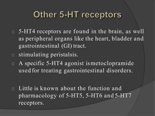 5-HT4 receptors are found in the brain, as well
as peripheral organs like the heart, bladder and
gastrointestinal (GI) tract.
stimulating peristalsis.
A specific 5-HT4 agonist ismetoclopramide
used for treating gastrointestinal disorders.
Little is known about the function and
pharmacology of 5-HT5, 5-HT6 and 5-HT7
receptors.
 