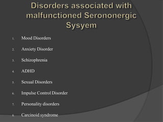 1. Mood Disorders
2. Anxiety Disorder
3. Schizophrenia
4. ADHD
5. Sexual Disorders
6. Impulse Control Disorder
7. Personality disorders
8. Carcinoid syndrome
 