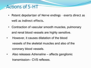 Actions of5-HT
• Potent depolarizer of Nerve endings – exerts direct as
well as indirect effects.
• Contraction of vascular smooth muscles, pulmonary
and renal blood vessels are highly sensitive.
• However, it causes dilatation of the blood
vessels of the skeletal muscles and also of the
coronary blood vessels.
• Also releases Adrenaline – affects ganglionic
transmission– CVS reflexes.
 