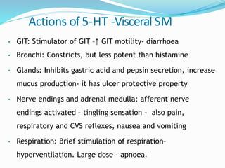 Actions of 5-HT -Visceral SM
• GIT: Stimulator of GIT –↑ GIT motility- diarrhoea
• Bronchi: Constricts, but less potent than histamine
• Glands: Inhibits gastric acid and pepsin secretion, increase
mucus production- it has ulcer protective property
• Nerve endings and adrenal medulla: afferent nerve
endings activated – tingling sensation – also pain,
respiratory and CVS reflexes, nausea and vomiting
• Respiration: Brief stimulation of respiration–
hyperventilation. Large dose – apnoea.
 