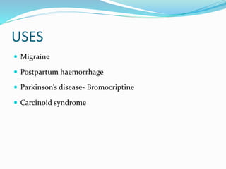 USES
 Migraine
 Postpartum haemorrhage
 Parkinson’s disease- Bromocriptine
 Carcinoid syndrome
 