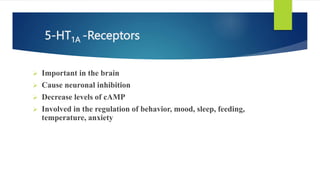 5-HT1A -Receptors
 Important in the brain
 Cause neuronal inhibition
 Decrease levels of cAMP
 Involved in the regulation of behavior, mood, sleep, feeding,
temperature, anxiety
 