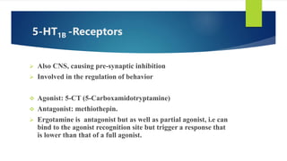 5-HT1B -Receptors
 Also CNS, causing pre-synaptic inhibition
 Involved in the regulation of behavior
 Agonist: 5-CT (5-Carboxamidotryptamine)
 Antagonist: methiothepin.
 Ergotamine is antagonist but as well as partial agonist, i.e can
bind to the agonist recognition site but trigger a response that
is lower than that of a full agonist.
 
