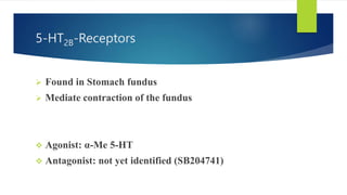 5-HT2B-Receptors
 Found in Stomach fundus
 Mediate contraction of the fundus
 Agonist: α-Me 5-HT
 Antagonist: not yet identified (SB204741)
 