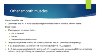 Other smooth muscles
Uterus, bronchial tree
 Contracted by 5-HT in many species except in humans where it occurs to a minor extent
Blood vessels
 Effect depends on various factors
 Size of the vessel
 Species
 The prevailing sympathetic activity
 Large vessels (arteries & veins) are usually constricted by 5-HT (sensitivity varies greatly)
 It is a direct effect on vascular smooth muscle mediated by 5-HT2A-receptors
 5-HT also causes vasodilatation by acting on 5-HT1-receptors, partly by releasing NO from endothelial
cells and partly by inhibiting NA release from sympathetic nerve terminals
 