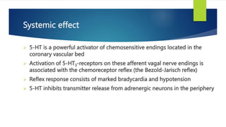Systemic effect
 5-HT is a powerful activator of chemosensitive endings located in the
coronary vascular bed
 Activation of 5-HT3-receptors on these afferent vagal nerve endings is
associated with the chemoreceptor reflex (the Bezold-Jarisch reflex)
 Reflex response consists of marked bradycardia and hypotension
 5-HT inhibits transmitter release from adrenergic neurons in the periphery
 