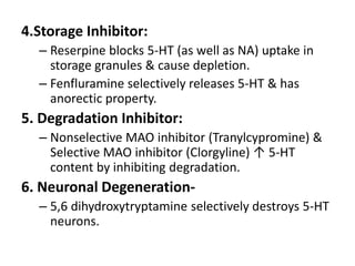 4.Storage Inhibitor:
– Reserpine blocks 5-HT (as well as NA) uptake in
storage granules & cause depletion.
– Fenfluramine selectively releases 5-HT & has
anorectic property.
5. Degradation Inhibitor:
– Nonselective MAO inhibitor (Tranylcypromine) &
Selective MAO inhibitor (Clorgyline) ↑ 5-HT
content by inhibiting degradation.
6. Neuronal Degeneration-
– 5,6 dihydroxytryptamine selectively destroys 5-HT
neurons.
 