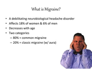 What is Migraine?
• A debilitating neurobiological headache disorder
• Affects 18% of women & 6% of men
• Decreases with age
• Two categories
– 80% = common migraine
– 20% = classic migraine (w/ aura)
 