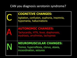 CAN you diagnosis serotonin syndrome?
C
COGNITIVE CHANGES:
Agitation, confusion, euphoria, insomnia,
hypomania, hallucinations
A
AUTONOMIC CHANGES:
Tachycardia, HTN, fever, diaphoresis,
mydriasis, arrythmias, tachypnea
N
NEUROMUSCULAR CHANGES:
Tremor, hyperreflexia, clonus, ataxia,
incoordination, seizures
 