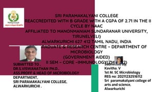 SRI PARAMAKALYANI COLLEGE
( REACCREDITED WITH B GRADE WITH A CGPA OF 2.71 IN THE II
CYCLE BY NAAC
AFFILIATED TO MANONMANIAM SUNDARANAR UNIVERSITY,
TIRUNELVELI)
ALWARKURICHI 627 412 TAMIL NADU, INDIA
POST GRADUATE & RESEARCH CENTRE – DEPARTMENT OF
MICROBIOLOGY
(GOVERNMENT AIDED)
II SEM – CORE –IMMUNOLOGY(ZMBM22)
Submitted by,
Kavitha. V
1st M. SC Microbiology
REG no: 20211232516112
Sri paramakalyani college of
arts and science,
Alwarkurichi
SUBMITTED TO ,
DR.S.VISWANATHAN PH.D.,
ASS.PROFF & HEAD OF MICROBIOLOGY
DEPARTMENT,
SRI PARAMAKALYANI COLLEGE,
ALWARKURICHI .
 