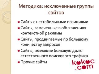 Методика: исключенные группы сайтовСайты с нестабильными позициямиСайты, замеченные в объявлениях контекстной рекламыСайты, продвигаемые по большому количеству запросовСайты, имеющие большую долю естественного поискового трафикаПрочие сайты