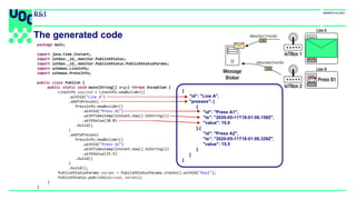 The generated code
package main;
import java.time.Instant;
import iotbox._id_.monitor.PublishStatus;
import iotbox._id_.monitor.PublishStatus.PublishStatusParams;
import schemas.LineInfo;
import schemas.PressInfo;
public class Publish {
public static void main(String[] args) throws Exception {
LineInfo payload = LineInfo.newBuilder()
.withId("Line A")
.addToPresses(
PressInfo.newBuilder()
.withId("Press A1")
.withTimestamp(Instant.now().toString())
.withValue(10.0)
.build()
)
.addToPresses(
PressInfo.newBuilder()
.withId("Press A2")
.withTimestamp(Instant.now().toString())
.withValue(15.5)
.build()
)
.build();
PublishStatusParams params = PublishStatusParams.create().withId("box1");
PublishStatus.publish(payload, params);
}
}
{
"id": "Line A",
"presses": [
{
"id": "Press A1",
"ts": "2020-05-11T18:01:06.158Z",
"value": 10.0
},{
"id": "Press A2",
"ts": "2020-05-11T18:01:06.329Z",
"value": 15.5
}
]
}
 