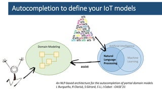 Artificial Intelligence
Machine
Learning
Natural
Language
Processing
Domain Modeling
assist
Autocompletion to define your IoT models
An NLP-based architecture for the autocompletion of partial domain models
L Burgueño, R Clarisó, S Gérard, S Li, J Cabot - CAiSE’21
 