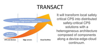 TRANSACT
It will transform local safety
critical CPS into distributed
safety-critical CPS
solutions with a
heterogeneous architecture
composed of components
along a device-edge-cloud
continuum.
 