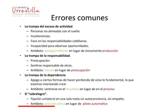 Errores	
  comunes	
  
•  La	
  trampa	
  del	
  exceso	
  de	
  ac4vidad.	
  	
  
–  Personas	
  no	
  alineadas	
  con	
  el	
  sueño.	
  	
  
–  Incoherencias.	
  	
  
–  Foco	
  en	
  las	
  responsabilidades	
  co7dianas.	
  	
  
–  Incapacidad	
  para	
  observar	
  oportunidades.	
  
–  AnYdoto:	
  diálogo/reﬂexión	
  en	
  lugar	
  de	
  únicamente	
  producción	
  
•  La	
  trampa	
  de	
  la	
  responsabilidad.	
  	
  
–  Preocupación.	
  	
  
–  Sen7rse	
  responsable	
  de	
  otros.	
  
–  AnYdoto:	
  interés	
  en	
  lugar	
  de	
  preocupación	
  
•  La	
  trampa	
  de	
  la	
  dependencia.	
  	
  
–  Apego	
  a	
  ciertas	
  formas	
  de	
  hacer	
  perdiendo	
  de	
  vista	
  lo	
  fundamental,	
  lo	
  que	
  
estamos	
  intentando	
  crear	
  
–  AnYdoto:	
  centrarse	
  en	
  el	
  resultado	
  en	
  lugar	
  de	
  en	
  el	
  proceso	
  
•  El	
  “sobrelogro”.	
  
–  Fijación	
  unilateral	
  en	
  una	
  sola	
  meta	
  sin	
  autoconciencia,	
  sin	
  empaYa.	
  
–  AnYdoto:	
  atención	
  plena	
  en	
  lugar	
  de	
  	
  piloto	
  automá7co	
  
 