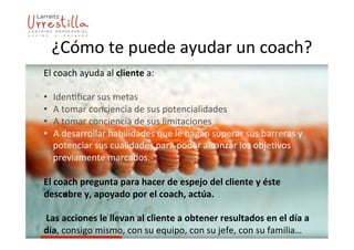 ¿Cómo	
  te	
  puede	
  ayudar	
  un	
  coach?	
  
El	
  coach	
  ayuda	
  al	
  cliente	
  a:	
  
	
  
•  Iden7ﬁcar	
  sus	
  metas	
  
•  A	
  tomar	
  conciencia	
  de	
  sus	
  potencialidades	
  
•  A	
  tomar	
  conciencia	
  de	
  sus	
  limitaciones	
  
•  A	
  desarrollar	
  habilidades	
  que	
  le	
  hagan	
  superar	
  sus	
  barreras	
  y	
  
potenciar	
  sus	
  cualidades	
  para	
  poder	
  alcanzar	
  los	
  obje7vos	
  
previamente	
  marcados.	
  
	
  
El	
  coach	
  pregunta	
  para	
  hacer	
  de	
  espejo	
  del	
  cliente	
  y	
  éste	
  
descubre	
  y,	
  apoyado	
  por	
  el	
  coach,	
  actúa.	
  
	
  
	
  Las	
  acciones	
  le	
  llevan	
  al	
  cliente	
  a	
  obtener	
  resultados	
  en	
  el	
  día	
  a	
  
día,	
  consigo	
  mismo,	
  con	
  su	
  equipo,	
  con	
  su	
  jefe,	
  con	
  su	
  familia…	
  
 