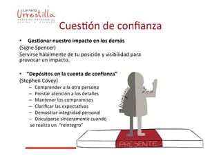 Cues7ón	
  de	
  conﬁanza	
  
•  	
  Ges4onar	
  nuestro	
  impacto	
  en	
  los	
  demás	
  
(Signe	
  Spencer)	
  
Servirse	
  hábilmente	
  de	
  tu	
  posición	
  y	
  visibilidad	
  para	
  
provocar	
  un	
  impacto.	
  
	
  
•  “Depósitos	
  en	
  la	
  cuenta	
  de	
  conﬁanza”	
  	
  
(Stephen	
  Covey)	
  
–  Comprender	
  a	
  la	
  otra	
  persona	
  
–  Prestar	
  atención	
  a	
  los	
  detalles	
  
–  Mantener	
  los	
  compromisos	
  
–  Clariﬁcar	
  las	
  expecta7vas	
  
–  Demostrar	
  integridad	
  personal	
  
–  Disculparse	
  sinceramente	
  cuando	
  
	
  se	
  realiza	
  un	
  	
  “reintegro”	
  
	
  
 