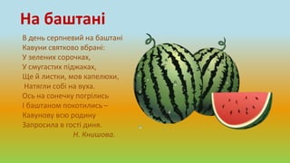 На баштані
В день серпневий на баштані
Кавуни святково вбрані:
У зелених сорочках,
У смугастих піджаках,
Ще й листки, мов капелюхи,
Натягли собі на вуха.
Ось на сонечку погрілись
І баштаном покотились –
Кавунову всю родину
Запросила в гості диня.
Н. Книшова.
 
