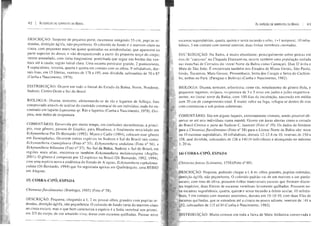42 I As SERPENrJoS DO BRASIL
de pequeno porte, raramente atingindo 55 em; pupilas re-
ifa, não O colorido de fundo é o marrom-claro ou
com pequenas manchas quase quadradas ou que aparecem na
parte do e vão a partir do terço do corpo;
ventre amarelado, com linha longitudina] pontilhada que segue nas bordas das ven-
trais até à labial clara. Uma escama preocular 2
e quinta em contato com os olhos, 9
ventrais de 178 a 1 anai dividida, subcaudais de 70 a 87
Ocorre em todo o litoral do Estado da Bahia.
Sudeste, Centro Oeste e Sul do BrasiL
Diurna, terrestre, de rãs e lagartos de fato
comprovado através de análise do conteúdo estomacal de um onde foi en-
contrado um lagarto sp. Rãs e e Nascimento, Oví-
para, sem dados de ovipostura.
Envolvida por muito
pio, esse passou de
Echynanthera Por Di-Bernardo (
bilíneata
undulata (Foto n° 56),
Sudeste Sul do Brasil, em
encontra-se também melanostigma (Argôlo,
é composto por 12 1992, 1
com uma nova e endêmica do Estado de Echynanthera cephaloma-
culata (Di-Bernardo, 1994) que foi apenas em uma REBIO
em
COBRA-CIPÓ, ESPADA
Chironius flavolineatus
Pequena, a 1,2 m; olhos com pupilas re-
não peçonhenta. O colorido de fundo varia do marrom-claro
ao mas o que bem caracteriza a é a linha vertebral nos
ros 2/3 do corpo, de cor dorso com escamas
As ESPÉOES DE SERPENTES DO BRAS1L 43
"'''''In''', suparalabiais, quinta e sexta tocando 001 j.,..1 temporal, 10 infra-
5 em contato com mental duas linhas vertebrais carenadas.
Na Bahia, é muito sobre em
na Diamantina, ocorre também uma população isolada
ilHS manchas de Cerrados do litoral Norte da Bahia como Dias D'ávila e
de São João. É encontrada também oos Estados de Míoas Gerais, São
total. É muito veloz na
submersas.
Serra do Cachim-
1982).
e
extremamente comuns, sendo possível ab-
atê seis indivíduos numa manhã. Ocorre em áreas abertas como o cerrado
Brasil Central e parte do Sudeste C. laurenti (Foto n° Os dados de folidose
a Chironius flavolineatus (Foto n° 58) para o Litoral Norte da Bahia são: nove
ou 10 escamas supralabiais, 10 infralabiais, dorsais 12~ 12-8 ou 10, ventrais de 150 a
anal dividida, subcaudais de 126 a 140 (4 e alcançando no máximo
a I, 6 01; olhos redondas,
cíoaca ou pouco adiante, ventrais de a
1982).
Muito comum em toda a faixa de Mata Atlântica conservada e
 