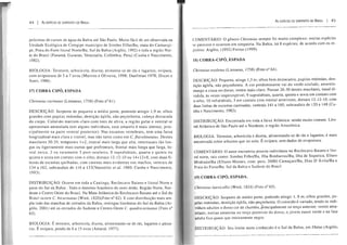 44 I As ESPÉCIES DE SERPENTES DO BRASIL
próximas de cursos de água da Bahia até São Paulo. Muito fácil de ser observada na
Unidade Ecológica de Cotegipe município de Simões Filho/Ba; mata do Camuruji-
pe, Praia do Forte litoral Norte/Ba; Sul da Bahia (Argôlo, 1992) e toda a região Nor-
te do Brasil (Panamá, Guianas, Venezuela, Colômbia, Peru) (Cunha e Nascimento.
1982).
BIOLOGIA: Terrestre, arborícola, diurna; alimenta-se de rãs e lagartos, ovípara,
com ovipostura de 5 a 7 ovos (Martins e Oliveira, 1998; Duellman 1978; Dixon e
Soini, 1986).
17) COBRA CIPÓ, ESPADA
Chironius carinalus (Linnaeus, 1758) (Foto nO 61).
DESCRIÇÃO: Serpente de pequeno a médio porte, podendo atingir 1,9 m; olhos
grandes com pupilas redondas, dentição áglifa, não peçonhenta, cabeça destacada
do corpo. Colorido marrom-claro com tons de oliva, a região guiar e ventral se
apresentam amarelada (em alguns indivíduos, esse amarelo é mais intenso, prin-
cipalmente na parte ventral posterior). Nas escamas vertebrais, tem uma faixa
longitudinal mais clara e visível, mas não tanto como em C.flavolineatus. Dentes
maxilares 30-35, temporais 1+2, rostral mais larga que alta, internasais tão lon-
gas ou ligeiramente mais curtas que prefrontais, frontal mais longa que larga, 10-
real única, 2 ou raramente 3 post-ocuJarcs, 8 supralabiais, quarta e quinta ou
quinta e sexta em contato com o olho; dorsais 12-12-10 ou 14+12+8, com duas fi-
leiras de escamas quilhadas, com carenas mais evidentes nos machos, ventrais de
134 a 162, subcaudais de 116 a 133(VanzoJini et alo 1980; Cunha e Nascimento,
1993).
DISTRIBUIÇÃO: Ocorre em toda a Caatinga, Recôncavo Baiano e litoral Norte e
parte do Sul da Bahia. Todo o domínio brasileiro do semi-árido. Região Norte, Nor-
deste e Centro Oeste do Brasil. Na Mata Atlântica do Recôncavo Baiano até o Sul do
Brasil ocorre C. bicarinatus (Wied, 1820)(Foto n° 62). E com distribuição mais am-
pla indo das manchas de cerrados da Bahia, restingas litorâneas do Sul da Bahia (Ar-
gôlo, 2001) até os cerrados do Sudeste e Centro-Oeste C. quadricarinatus (Foto n°
63).
BIOLOGIA: É terrestre, arborícola, diurna, alimentando-se de rãs, lagartos e pássa-
ros. É ovípara, pondo de 6 a 15 ovos (Amaral, 1977).
As ESPÉOES DE SERPENTES DO BRASIL I 45
COMENTÁRIO: O gênero Chironius sempre foi muito complexo; muitas espécies
se parecem e ocorrem em simpatria. Na Bahia, há 8 espécies, de acordo com os re-
gistros: Argôlo, (1992) Freitas (1999).
COBRA-CIPÓ, ESPADA
Chironius exoletus (Linnaeus, 1758) (Foto n° 64).
DESCRIÇÃO: Pequena, atinge 1,3 m; olhos bem destacados, pupilas redondas, den-
tição áglifa, não peçonhenta. A cor predominante vai do verde-azulado, amarelo-
musgo a cinza no dorso; ventre mais claro. Possue 26-30 dentes maxilares, nasal di-
vidida, às vezes imperceptível, 9 supralabiais, quarta, quinta e sexta em contato com
o olho, 10 infralabiais, 5 em contato com mental anteriores, dorsais 12-12-10, com
duas linhas de escamas carenadas, ventrais 141 a 160, subcaudais de 120 a 148 (Cu-
nha e Nascimento, 1982).
DISTRlBUIÇÃO: Encontrada em toda a faixa Atlântica; sendo muito comum. Lito-
ral Atlântico de São Paulo até o Nordeste, e região Amazônica.
BIOLOGIA: Terrestre, arborícola e diurna, alimentando-se de rãs e lagartos; é mais
encontrada sobre arbustos que no solo. É ovípara, sem dados de ovipostura.
COMENTÁRIO: O autor encontrou poucos indivíduos no Recôncavo Baiano e lito-
ral norte, tais como: Simões Filho/Ba, Ilha Bimbarras/Ba, Ilha de Itaparica, Elíseo
Medrado/Ba (Elbano Moraes, com. pess. 2000) Camaçari/Ba, Dias D'Ávila/Ba e
Praia do Forte/Ba. Sul da Bahia e Sudeste do Brasil.
COBRA-CIPÓ, ESPADA.
Chironius laevicollis (Wied, 1824) (Foto n° 65).
DESCRIÇÃO: Serpente de médio porte, podendo atingir I, 8 m; olhos grandes, pu-
pilas redondas, dentição églifa, não peçonhenta. O colorido é variado, tendo os indi-
víduos adultos o dorso cor de chumbo, principalmente no terço anterior; ventre ama-
estrias amarelas no terço posterior do dorso, o jovem nasce verde e na fase
adulta fica quase que inteiramente negro.
[)lSTRIBUIÇÃO: Seu limite norte conhecido é o Sul da Bahia, em Ilhéus (Argôlo,
 