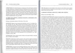 100 I As ESPÉCIES DE SERPENTES 00 BRASIL
COMENTÁRIO: É sem dúvida alguma, a serpente que mais participa de acidentes
na região Amazônica, o mesmo ocorrendo com BOlhrops jararaca do leste brasilei-
ro, responsável sozinha por 60% dos acidentes no Brasil. Isto ocorre pela capacida-
de de algumas espécies se adaptarem aos ambientes degradados, tendo inclusive,
vantagens em ofertas de alimentos; é interessante notar, que as populações de BOlh-
rops leucurus, Bothrops atrox, Bothrops jararaca e Bothrops moojeni em áreas de
pastagens crescem muito, embora com indivíduos de menor porte corpóreo (Marco
Freitas e Geraldo Brisola, obs. pess. 2002).
4) CABEÇA-DE-CAPANGA, JARARACA-DA-SECA, JARARARACA-MA-
LHA-DE-CASCAVEL
Bothrops erythromelas (Amaral, 1923) (FOlO n° 233 e 234).
DESCRIÇÃO: Pequena, tem-se registros de indivíduos com até 1, O m (Marco Frei-
tas e José Neto, obs. pess. 2002). Fossetas loreais presentes, pupilas verticais, denti-
ção solenóglifa, peçonhenta. Predomina o marrom-avermelhado de vários tons, até
o cinza, com séries de manchas em forma de trapézios interrompidos na porção infe-
rior, entre os quais pode haver manchas informes e irregulares; ventre pardo-claro,
manchas mal delineadas nas pontas das ventrais. Cabeça algo pequena, com várias
manchas indefinidas; faix.a postocular. Duas escamas supralabiais separadas da fos-
seta loreal, dorsais 19-21 com quilhas, 5 a 6 escamas intrasupraoculares, 7 ou 8 su-
pralabiais, ventrais de 139 a 158, subcaudais de 32 a 42 (Vanzolini et al, 1980 ;
Campbell e Lamar, 1989).
DISTRIBUIÇÃO: Todo o domínio morfo-climático semi-árido do Brasil e transição
para o cerrado no oeste da Bahia.
BIOLOGIA: Crepuscular e noturna; terrestre, nutre-se de rãs, lagartos e pequenos
roedores; vivípara, parindo de 6 a 16 filhotes que medem em média 18 em; acasala
de maio a julho, nascendo os filhotes de novembro a janeiro. (Dados obtidos em ser-
pentário particular, em condições climáticas idênticas às da caatinga, alteradas as
condições de espaço e alimentos) observados 16 acasalamentos e nascimentos (José
Neto, Cristiano Moura e Marco Freitas, obs. pess. de 1994 a 2002).
COMENTÁRIO: Um tanto rara em condições ambientais normais; é difícil o encon-
tro natural (Cristiano Moura, com. pess. 1998). Ultimamente tem sido freqüente em
plantações irrigadas de bananas no médio São Francisco (Jose Neto, com. pess.
As ESPÉCIES DE SERPENTES 00 BRASIL I 101
2000). Não parece ser uma serpente muito comum no semi-árido, inclusive pouco
encontrada nas áreas de alagamentos para barragens tais como: Xingó e Itaparica,
ambas no Rio São Francisco/Ba.
5) JARARACA-PINTADA, JARACUÇU, CABEÇA-DE-CAPANGA
llothrops neuwiedi (Wagler, 1824).
C1::SCRIÇÃO E DISTRIBUIÇÃO: Serpente de porte pequeno, podendo atingir I,
2 m; pupilas verticais, dentição solenóglifa, peçonhenta. Intra-supraoculares de 6
a 9; dorsais de 21 a 29; supralabiais de 7 aiO; vt::1trais de 163 a 190; subcaudais
de 37 a 54, (Peters e Miranda, 1970; Campbell e Lamar, 1989). São as caracterís-
ticas de folidose para o grupo. O padrão de desenhos são relativamente parecidos
com outras subespécies, sempre com trapézios interrompidos na parte inferior, o
supergrupo neuwiedii composto por 12 subespécies pelo Brasil e países vizinhos
foi recentemente revisado por Xavier (2000) em sua tese de doutorado onde foi
relocado as 12 subespécies para 7 espécies, com duas novas. Porém como os da-
dos não foram ainda publicados, utilizarei as informações pertinentes à espécie
B. neuwiedi, e os antigos nomes subespecíficos de cada região. Com a publicação
do trabalho de revisão. Através das procedências dos indivíduos fotografados,
poderá utilizar nomes através da sinonímia ou pela distribuição geográfica. Nos
cerrados do Brasil Central de Brasília e Goiás, ocorre B. n. goyazensis (Amaral,
1925) (Foto n° 235) transferida para 8. marmoratus. No oeste (Cerrados) e litoral
norte da Bahia, num enclave de Cerrado nos municípios de Dias D'Ávila e Cama-
çari, ocorre 8. n. lulú (Miranda-Ribeiro, 1915) (Foto n° 236) (Freitas e Pavie,
2002) transferida para 8. lul;:,i; no sudoeste da Bahia, no Planalto de Conquista
ocorre 8. n. neuwiedii (Foto n° 237) (Antônio Argôlo, com. pess. 2002)transferi-
da para B. newiedii; no Sul de Minas Gerais e parte do norte de São Paulo, ocorre
B. n. urutu (Lacerda, 1884) (Foto n° 238) transferida para B. newiedii; a subespé-
cie 8. n. paranaensis(Amaral, 1925)ocorre no Estado do Paraná (Foto n° 239)
transferida para B. newiedii; e a 8. n. pauloensis (Amaral, 1925) ocorre em boa
parte do Estado de São Paulo em áreas abertas (cerrados)(Foto n° 240) transferri-
da para 8. pauloenSis; a subespécie 8. n. bolivianus (Amaral, 1927), ocorre no
extremo oeste do Mato Grosso e Bolívia (Foto n° 241 )transferida para 8.
pauloensis; a 8. fi pubescens (Cope, 1869), ocorre no Estado do Rio grande do
Sul (Foto n° 242) transferida para 8. pubescens; a 8. n. diporus (Cape, (862)
ocorre no extremo oeste do Paraná, norte da Argentina, sul do Paraguai, (Foto n°
243) trnsferida para 8. diporus. A subespécie 8. 11. malOgrossensis (Amaral,
 