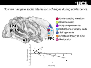 How we navigate social interactions changes during adolescence
Understanding intentions
Social emotion
Irony comprehension
Self/Other personality traits

Self appraisals
Emotional theory of mind
Reciprocity

 
