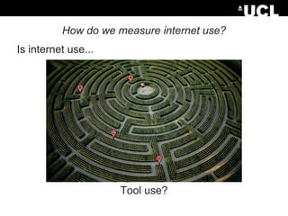 How do we measure internet use?
Is internet use...

Tool use?

 