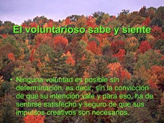 El voluntarioso sabe y siente Ninguna voluntad es posible sin determinación, es decir, sin la convicción de que su intención vale y para eso, ha de sentirse satisfecho y seguro de que sus impulsos creativos son necesarios. 