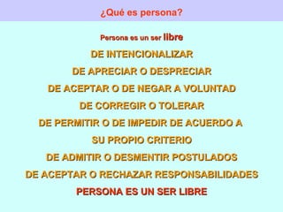 ¿Qué es persona? Persona es un ser  libre DE INTENCIONALIZAR DE APRECIAR O DESPRECIAR DE ACEPTAR O DE NEGAR A VOLUNTAD DE CORREGIR O TOLERAR DE PERMITIR O DE IMPEDIR DE ACUERDO A  SU PROPIO CRITERIO DE ADMITIR O DESMENTIR POSTULADOS DE ACEPTAR O RECHAZAR RESPONSABILIDADES PERSONA ES UN SER LIBRE 