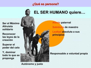 ¿Qué es persona? EL SER HUMANO quiere… Ser el Máximo Altruista solidario Reconocer las leyes de la creación Superar el poder del celo Y, dominar todo lo que se proponga Autónomo y justo Responsable a voluntad propia Afecto  paternal Sabiduría  de maestro Lealtad  absoluta a sus principios 