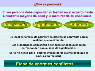 ¿Qué es persona? El ser persona debe depositar su lealtad en el experto hasta alcanzar la mayoría de edad y la madurez de su conciencia. Idealización  Significación  y  Pubertad Su ideal de familia, de padres y de afectos se confronta con la realidad que lo circunda. Los significados comienzan a ser cuestionados cuando no corresponden con su idea de significación. El fuerte deseo por el amor le impide darse cuenta de lo que el amor es en realidad. Etapa de enormes conflictos 