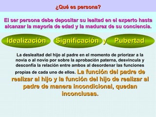 ¿Qué es persona? El ser persona debe depositar su lealtad en el experto hasta alcanzar la mayoría de edad y la madurez de su conciencia. Idealización  Significación  y  Pubertad La deslealtad del hijo al padre en el momento de priorizar a la novia o al novio por sobre la aprobación paterna, desvincula y desconfía la relación entre ambos al desordenar las funciones propias de cada uno de ellos.  La función del padre de realizar al hijo y la función del hijo de realizar al padre de manera incondicional, quedan inconclusas. 
