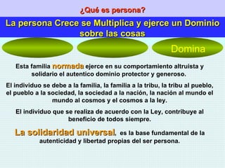 ¿Qué es persona? La persona Crece se Multiplica y ejerce un Dominio sobre las cosas Esta familia  normada  ejerce en su comportamiento altruista y solidario el autentico dominio protector y generoso.  El individuo se debe a la familia, la familia a la tribu, la tribu al pueblo, el pueblo a la sociedad, la sociedad a la nación, la nación al mundo el mundo al cosmos y el cosmos a la ley. El individuo que se realiza de acuerdo con la Ley, contribuye al beneficio de todos siempre. La solidaridad universal ,  es la base fundamental de la autenticidad y libertad propias del ser persona. Domina 