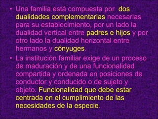 Una familia está compuesta por  dos dualidades complementarias  necesarias para su establecimiento, por un lado la dualidad vertical entre  padres e hijos  y por otro lado la dualidad horizontal entre hermanos y  cónyuges . La institución familiar exige de un proceso de maduración y de una funcionalidad compartida y ordenada en posiciones de conductor y conducido o de sujeto y objeto.  Funcionalidad que debe estar centrada en el cumplimiento de las necesidades de la especie .  