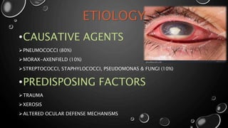 ETIOLOGY
•CAUSATIVE AGENTS
PNEUMOCOCCI (80%)
MORAX-AXENFIELD (10%)
STREPTOCOCCI, STAPHYLOCOCCI, PSEUDOMONAS & FUNGI (10%)
•PREDISPOSING FACTORS
TRAUMA
XEROSIS
ALTERED OCULAR DEFENSE MECHANISMS
 