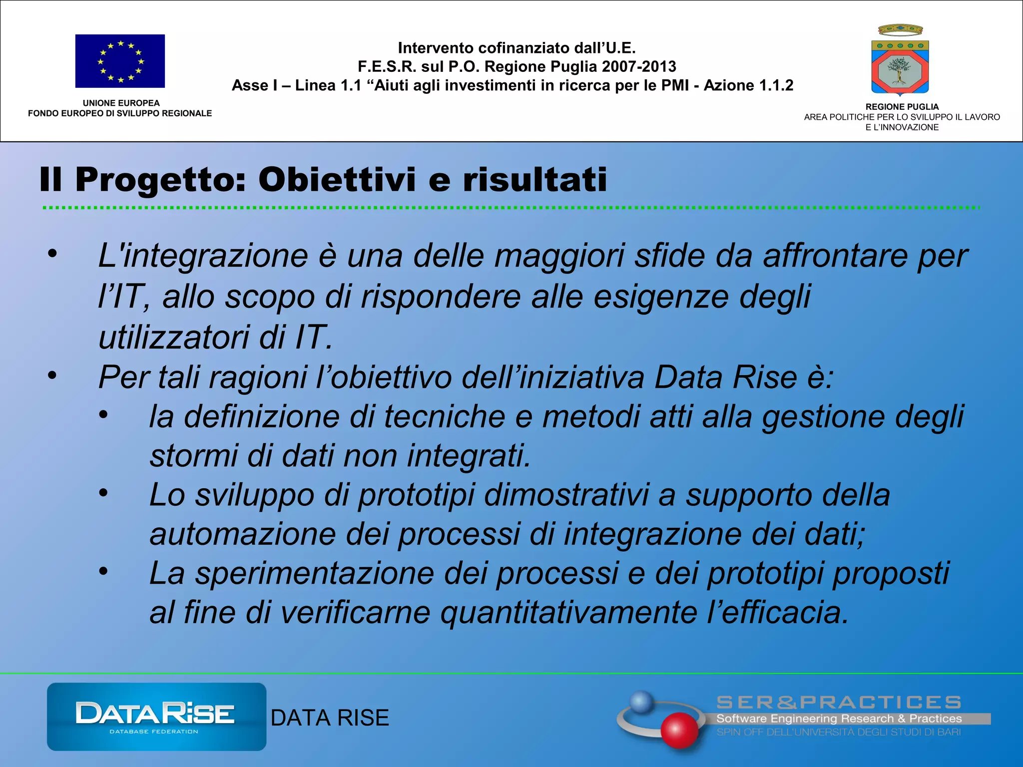 Il Progetto: Obiettivi e risultati
UNIONE EUROPEA
FONDO EUROPEO DI SVILUPPO REGIONALE
REGIONE PUGLIA
AREA POLITICHE PER LO SVILUPPO IL LAVORO
E L’INNOVAZIONE
• L'integrazione è una delle maggiori sfide da affrontare per
l’IT, allo scopo di rispondere alle esigenze degli
utilizzatori di IT.
• Per tali ragioni l’obiettivo dell’iniziativa Data Rise è:
• la definizione di tecniche e metodi atti alla gestione degli
stormi di dati non integrati.
• Lo sviluppo di prototipi dimostrativi a supporto della
automazione dei processi di integrazione dei dati;
• La sperimentazione dei processi e dei prototipi proposti
al fine di verificarne quantitativamente l’efficacia.
Intervento cofinanziato dall’U.E.
F.E.S.R. sul P.O. Regione Puglia 2007-2013
Asse I – Linea 1.1 “Aiuti agli investimenti in ricerca per le PMI - Azione 1.1.2
DATA RISE
 