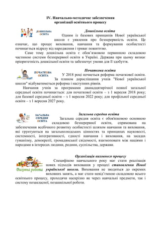 ІV. Навчально-методичне забезпечення
організації освітнього процесу
Дошкільна освіта
Одним із базових принципів Нової української
школи є уявлення про безперервність освіти. Це
означає, що процес виховання, навчання та формування особистості
починається відразу від народження і триває пожиттєво.
Саме тому дошкільна освіта є обов’язковою первинною складовою
частиною системи безперервної освіти в Україні. Держава при цьому визнає
пріоритетність дошкільної освіти та забезпечує умови для її здобуття.
Початкова освіта
У 2018 році почнеться реформа початкової освіти.
За плином дорослішання учнів "Нової української
школи" відбуватиметься реформа і наступних рівнів.
Навчання учнів за програмами дванадцятирічної повної загальної
середньої освіти починається: для початкової освіти – з 1 вересня 2018 року;
для базової середньої освіти – з 1 вересня 2022 року; для профільної середньої
освіти – з 1 вересня 2027 року.
Загальна середня освіта
Загальна середня освіта є обов'язковою основною
складовою безперервної освіти, спрямована на
забезпечення всебічного розвитку особистості шляхом навчання та виховання,
які грунтуються на загальнолюдських цінностях та принципах науковості,
системності, інтегративності, єдності навчання і виховання, на засадах
гуманізму, демократії, громадянської свідомості, взаємоповаги між націями і
народами в інтересах людини, родини, суспільства, держави.
Організація виховного процесу
Специфікою навчального року має стати реалізація
нових підходів виховання у процесі становлення Нової
української школи. Виховання не зводиться до окремих
виховних занять, а має стати невід’ємною складовою всього
освітнього процесу, проходячи наскрізно як через навчальні предмети, так і
систему позакласної, позашкільної роботи.
 
