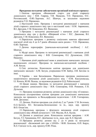 Програмно-методичне забезпечення організації освітнього процесу:
1. Освітня програма «Впевнений старт» для дітей старшого
дошкільного віку / Н.В. Гавриш, Т.В. Панасюк, Т.О. Піроженко, О.С.
Рогозянський, О.Ю. Хартман, А.С. Шевчук, за загальною науковою
редакцією Т.О. Піроженко.
2. Настільний теніс. Програма і методичні рекомендації з навчання
дітей старшого дошкільного віку гри в настільний теніс / О.М. Авраменко,
В.І. Дроздюк, Г.М. Коваленко, Н.І. Якименко.
3. Програма і методичні рекомендації з навчання дітей старшого
дошкільного віку гри у футбол «Шкіряний м’яч» / Н.С. Дяконова, В.І.
Дроздюк, Г.М. Коваленко, Н.І. Якименко.
4. Парціальна програма з розвитку соціальних навичок ефективної
взаємодії дітей від 4 до 6-7 років «Вчимося жити разом» / Т.О. Піроженко,
О.Ю. Хартман.
5. Дитяча хореографія: [навчально-методичний посібник] / А.С.
Шевчук.
6. Мудрі шахи. Програма та методичні рекомендації з навчання дітей
старшого дошкільного віку / В.В. Семизорова, О.І. Духновська, Л.Ю.
Пащенко.
7. Навчання дітей української мови в дошкільних навчальних закладах
національних спільнот: Програма та навчально-методичний посібник /
А.М. Богуш.
8. Світ дитинства. Комплексна освітня програма для дошкільних
навчальних закладів / А.М. Богуш, упорядники О.М. Байєр, Л.В. Батліна та
інші.
9. Україна – моя Батьківщина. Парціальна програма національно-
патріотичного виховання дітей дошкільного віку / О.М. Каплуновська,
І.І. Кичата, Ю.М. Палець, за науковою редакцією О.Д. Рейпольської.
10. Цікаві шашки. Програма та методичні рекомендації з навчання
дітей старшого дошкільного віку / В.В. Семизорова, О.В. Романюк, Г.П.
Дульська.
11. Програма підтримки розвитку дитини дошкільного віку «Стежина».
Комплексна альтернативна освітня програма для дошкільних навчальних
закладів, що працюють за Вальдорфською педагогікою / А.М. Гончаренко,
Н.М. Дятленко.
12. Дитина. Освітня програма для дітей від 2 до 7 років / Г.В. Бєлєнька,
О.Л. Богініч, Н.І. Богданець-Білоскаленко та ін., наук. кер. проекту
В.О. Огнев’юк.
13. Парціальна програма з фізичного виховання дітей старшого
дошкільного віку «Юний легкоатлет» / І.П. Масляк, Н.А. Кулик.
14. Дитина в дошкільні роки. Комплексна освітня програма / А.М.
Богуш, Т.І. Грицишина, О.Є. Дем'яненко та ін., наук. кер. К.Л. Крутий.
15. Програма розвитку дитини від 2 до 6 років та методичні
рекомендації «Безмежний світ гри з LEGO» / В.Ю. Близнюк, О.П. Борук,
В.Л. Гонгало та ін., кер. проекту О.Ю. Рома.
 