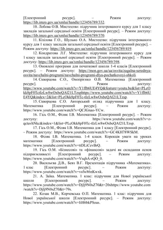 [Електронний ресурс]. – Режим доступу:
https://lib.imzo.gov.ua/xmlui/handle/123456789/332.
10. Лобова О.В. Мистецтво: підручник інтегрованого курсу для 1 класу
закладів загальної середньої освіти [Електронний ресурс]. – Режим доступу:
https://lib.imzo.gov.ua/xmlui/handle/123456789/370.
11. Кізілова Г.О., Шулько О.А. Мистецтво: підручник інтегрованого
курсу для 1 класу закладів загальної середньої освіти [Електронний ресурс]. –
Режим доступу: https://lib.imzo.gov.ua/xmlui/handle/123456789/419.
12. Кондратова Л.Г. Мистецтво: підручник інтегрованого курсу для
1 класу закладів загальної середньої освіти [Електронний ресурс]. – Режим
доступу: https://lib.imzo.gov.ua/xmlui/handle/123456789/398.
13. Оновлені програми для початкової школи 1-4 класів [Електронний
ресурс]. – Режим доступу: https://mon.gov.ua/ua/osvita/zagalna-serednya-
osvita/navchalni-programi/navchalni-programi-dlya-pochatkovoyi-shkoli.
14. Скворцова С.О., Онопрієнко О.В. Математика [Електронний
ресурс]. – Режим доступу:
https://www.youtube.com/watch?v=Y1fIb6UE4YQ&feature=youtu.be&list=PLcO
kk8pF0TctIzLw8wOxbeQAl21LTzsphttps://www.youtube.com/watch?v=Y1fIb6U
E4YQ&index=2&list=PLcOkk8pF0Tc-tIzLw8wOxbeQAl21LTzsp.
15. Скворцова С.О. Авторський огляд підручника для 1 класу.
Математика [Електронний ресурс]. – Режим доступу:
https://www.youtube.com/watch?v=QCJGnao-YCw.
16. Гісь О.М., Філяк І.В. Математика [Електронний ресурс]. – Режим
доступу: https://www.youtube.com/watch?v=z-
qctavhNkc&index=1&list=PLcOkk8pF0Tc-tIzLw8wOxbeQAl21LTzsp.
17. Гісь О.М., Філяк І.В. Математика для 1 класу [Електронний ресурс].
– Режим доступу: https://www.youtube.com/watch?v=GC4KH78WSkM.
18. Філяк І.В. Математика. 1-4 класи. Корекція уваги на уроках
математики [Електронний ресурс]. – Режим доступу:
https://www.youtube.com/watch?v=ttDLiCevBrQ.
19. Гісь О.М. «Бізнесові» та «фінансові» задачі як складання основ
підприємливості [Електронний ресурс]. – Режим доступу:
https://www.youtube.com/watch?v=VsqhA-rQO_0.
20. Васильєва Д.В., Бевз В.Г. Презентація підручника «Математика».
1 клас [Електронний ресурс]. – Режим доступу:
https://www.youtube.com/watch?v=vsfw86nKwxk.
21. А. Заїка. Математика. 1 клас: підручник для Нової української
школи [Електронний ресурс]. – Режим доступу:
https://www.youtube.com/watch?v=Djlj9N0sZ70&t=20shttps://www.youtube.com
/watch?v=Djlj9N0sZ70&t=79s.
22. Козак М.В., Корчевська О.П. Математика. 1 клас: підручник для
Нової української школи [Електронний ресурс]. – Режим доступу:
https://www.youtube.com/watch?v=IiH6bkPSoas.
 