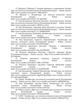 53. Щоденні 5, Щоденні 3. Основні принципи та переконання. Онлайн-
курс для вчителів початкової школи [Електронний ресурс]. – Режим доступу:
https://www.youtube.com/watch?v=TaRsxik8oVI.
54. Щоденні 3. Онлайн-курс для вчителів початкової школи
[Електронний ресурс]. – Режим доступу:
https://www.youtube.com/watch?v=Pc-gqUlsiR8.
55. Інна Большакова. Критичне мислення. Таксономія Блума. Онлайн-
курс для вчителів початкової школи [Електронний ресурс]. – Режим доступу:
https://www.youtube.com/watch?v=JRXCCu_LJnA.
56. Інна Большакова. Структура уроку критичного мислення. Онлайн-
курс для вчителів початкової школи [Електронний ресурс]. – Режим доступу:
https://www.youtube.com/watch?v=Z_XOBOqr4XM.
57. Інна Большакова. Кубування. Онлайн-курс для вчителів початкової
школи [Електронний ресурс]. – Режим доступу:
https://www.youtube.com/watch?v=x9AK0MUf03A.
58. Інна Большакова. Стратегія «Передбачення». Онлайн-курс для
вчителів початкової школи [Електронний ресурс]. – Режим доступу:
https://www.youtube.com/watch?v=RwGb07xkQgs.
59. Розвиток критичного мислення. «Читання з маркуванням»
[Електронний ресурс]. – Режим доступу:
https://www.youtube.com/watch?v=dg_XLMN6SZ8.
60. Розвиток критичного мислення. Стратегія «Діаграма Венна»
[Електронний ресурс]. – Режим доступу: https://www.youtube.com/watch?v=-
jH_P0ukyDs.
61. Розвиток критичного мислення. Стратегія «Т-таблиця»
[Електронний ресурс]. – Режим доступу:
https://www.youtube.com/watch?v=8HLA-FJZY00.
62. Розвиток критичного мислення. Стратегія «Мозковий штурм»
[Електронний ресурс]. – Режим доступу:
https://www.youtube.com/watch?v=L3qcaI9WG4M.
63. Інна Большакова. Графічні організатори. Онлайн-курс для вчителів
початкової школи [Електронний ресурс]. – Режим доступу:
https://www.youtube.com/watch?v=KggNG30rsjAhttps://www.youtube.com/watc
h?v=gEJwmOAMmpU.
64. Лепбук. Онлайн-курс для вчителів початкової школи [Електронний
ресурс]. – Режим доступу: https://www.youtube.com/watch?v=xRRqIOk0vXg.
65. Інна Большакова. Групова робота. Онлайн-курс для вчителів
початкової школи [Електронний ресурс]. – Режим доступу:
https://www.youtube.com/watch?v=Q3XCnz1Wvms.
66. Робота в групах. Джигсоу І, ІІ. Онлайн-курс для вчителів початкової
школи [Електронний ресурс]. – Режим доступу:
https://www.youtube.com/watch?v=NPA6uwFdhJQ.
67. РАФТ. Онлайн-курс для вчителів початкової школи [Електронний
ресурс]. – Режим доступу: https://www.youtube.com/watch?v=lSDkus67X1g.
 