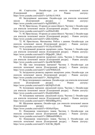 68. Сторітеллінг. Онлайн-курс для вчителів початкової школи
[Електронний ресурс]. – Режим доступу:
https://www.youtube.com/watch?v=2aYHz1U19U8.
69. Багаторівневі запитання. Онлайн-курс для вчителів початкової
школи [Електронний ресурс]. – Режим доступу:
https://www.youtube.com/watch?v=6gXSFRPO_rY.
70. М. Пристінська. 10 кроків до самостійності. Частина 1. Онлайн-курс
для вчителів початкової школи [Електронний ресурс]. – Режим доступу:
https://www.youtube.com/watch?v=ocZEbsEfvR0.
71. М. Пристінська. 10 кроків до самостійності. Частина 2. Онлайн-курс
для вчителів початкової школи [Електронний ресурс]. – Режим доступу:
https://www.youtube.com/watch?v=a4QvAfchPqs.
72. М. Пристінська. Математика. Робота з даними. Онлайн-курс для
вчителів початкової школи [Електронний ресурс]. – Режим доступу:
https://www.youtube.com/watch?v=VClAoATHANI.
73. Інтегрований розвиток наскрізних умінь. Частина 1. Онлайн-курс
для вчителів початкової школи [Електронний ресурс]. – Режим доступу:
https://www.youtube.com/watch?v=DQpqMU_XKaU.
74. Інтегрований розвиток наскрізних умінь. Частина 2. Онлайн-курс
для вчителів початкової школи [Електронний ресурс]. – Режим доступу:
https://www.youtube.com/watch?v=Jpvd9kTKNBM.
74. Що таке інтегроване навчання? Частина 3. Онлайн-курс для
вчителів початкової школи [Електронний ресурс]. – Режим доступу:
https://www.youtube.com/watch?v=zzGFWB2G2r8.
76. Інструменти розвитку окремих наскрізних умінь. Онлайн-курс для
вчителів початкової школи [Електронний ресурс]. – Режим доступу:
https://www.youtube.com/watch?v=_NkwbgJJ1bw.
77. Види інтегрованого навчання. Онлайн-курс для вчителів початкової
школи [Електронний ресурс]. – Режим доступу:
https://www.youtube.com/watch?v=kKN4jlYnYsM.
78. Інтегроване навчання: діяльнісний підхід. Частина 1. Онлайн-курс
для вчителів початкової школи [Електронний ресурс]. – Режим доступу:
https://www.youtube.com/watch?v=DxsQZo9Jkb8.
79. Інтегроване навчання: діяльнісний підхід. Частина 2. Онлайн-курс
для вчителів початкової школи [Електронний ресурс]. – Режим доступу:
https://www.youtube.com/watch?v=ME0ZRRgcNVo.
80. Щоденник вражень. Онлайн-курс для вчителів початкової школи
[Електронний ресурс]. – Режим доступу:
https://www.youtube.com/watch?v=OE4licOTpos.
81. Планування тематичного тижня. Частина 1. Онлайн-курс для
вчителів початкової школи [Електронний ресурс]. – Режим доступу:
https://www.youtube.com/watch?v=2BRdmhWBRzA.
82. Планування тематичного тижня. Частина 2. Онлайн-курс для
вчителів початкової школи [Електронний ресурс]. – Режим доступу:
https://www.youtube.com/watch?v=hAC4kt_0QeM.
 