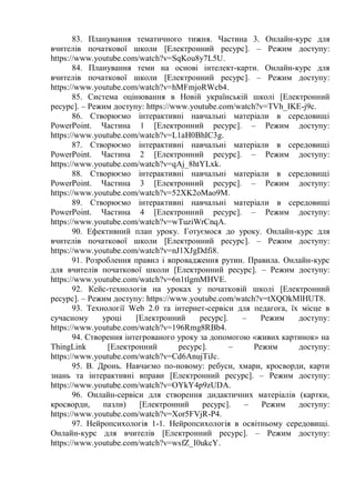 83. Планування тематичного тижня. Частина 3. Онлайн-курс для
вчителів початкової школи [Електронний ресурс]. – Режим доступу:
https://www.youtube.com/watch?v=SqKou8y7L5U.
84. Планування теми на основі інтелект-карти. Онлайн-курс для
вчителів початкової школи [Електронний ресурс]. – Режим доступу:
https://www.youtube.com/watch?v=hMFmjoRWcb4.
85. Система оцінювання в Новій українській школі [Електронний
ресурс]. – Режим доступу: https://www.youtube.com/watch?v=TVh_IKE-j9c.
86. Створюємо інтерактивні навчальні матеріали в середовищі
PowerPoint. Частина 1 [Електронний ресурс]. – Режим доступу:
https://www.youtube.com/watch?v=L1aH0BhIC3g.
87. Створюємо інтерактивні навчальні матеріали в середовищі
PowerPoint. Частина 2 [Електронний ресурс]. – Режим доступу:
https://www.youtube.com/watch?v=qAj_8htYLxk.
88. Створюємо інтерактивні навчальні матеріали в середовищі
PowerPoint. Частина 3 [Електронний ресурс]. – Режим доступу:
https://www.youtube.com/watch?v=52XK2oMao9M.
89. Створюємо інтерактивні навчальні матеріали в середовищі
PowerPoint. Частина 4 [Електронний ресурс]. – Режим доступу:
https://www.youtube.com/watch?v=wTuziWrCnqA.
90. Ефективний план уроку. Готуємося до уроку. Онлайн-курс для
вчителів початкової школи [Електронний ресурс]. – Режим доступу:
https://www.youtube.com/watch?v=nJ1XJgDdfi8.
91. Розроблення правил і впровадження рутин. Правила. Онлайн-курс
для вчителів початкової школи [Електронний ресурс]. – Режим доступу:
https://www.youtube.com/watch?v=6n1tlgmMHVE.
92. Кейс-технологія на уроках у початковій школі [Електронний
ресурс]. – Режим доступу: https://www.youtube.com/watch?v=tXQOkMlHUT8.
93. Технології Web 2.0 та інтернет-сервіси для педагога, їх місце в
сучасному уроці [Електронний ресурс]. – Режим доступу:
https://www.youtube.com/watch?v=196Rmg8RBb4.
94. Створення інтегрованого уроку за допомогою «живих картинок» на
ThingLink [Електронний ресурс]. – Режим доступу:
https://www.youtube.com/watch?v=Cd6AnujTiJc.
95. В. Дронь. Навчаємо по-новому: ребуси, хмари, кросворди, карти
знань та інтерактивні вправи [Електронний ресурс]. – Режим доступу:
https://www.youtube.com/watch?v=OYkY4p9zUDA.
96. Онлайн-сервіси для створення дидактичних матеріалів (картки,
кросворди, пазли) [Електронний ресурс]. – Режим доступу:
https://www.youtube.com/watch?v=Xor5FVjR-P4.
97. Нейропсихологія 1-1. Нейропсихологія в освітньому середовищі.
Онлайн-курс для вчителів [Електронний ресурс]. – Режим доступу:
https://www.youtube.com/watch?v=wsfZ_I0ukcY.
 