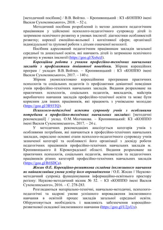 [методичний посібник] / В.В. Войтко. – Кропивницький : КЗ «КОІППО імені
Василя Сухомлинського», 2018. – 52 с.
Методичний посібник розроблений із метою допомоги педагогічним
працівникам у здійсненні психолого-педагогічного супроводу дітей із
затримкою психічного розвитку в умовах інклюзії: діагностики особливостей
розвитку; корекції емоційно-вольової і когнітивної сфери; організації
індивідуальної та групової роботи з дітьми означеної нозології.
Посібник адресований педагогічним працівникам закладів загальної
середньої та дошкільної освіти, які навчають дітей із затримкою психічного
розвитку в умовах інклюзії (https://goo.gl/Xx6ctJ).
Корекційна робота з учнями професійно-технічних навчальних
закладів з профілактики девіантної поведінки. Збірник корекційних
програм / укладач В.В. Войтко. – Кропивницький : КЗ «КОІППО імені
Василя Сухомлинського», 2017. – 140 с.
Збірник укомплектовано корекційними програмами практичних
психологів та соціальних педагогів із профілактики девіантної поведінки
учнів професійно-технічних навчальних закладів. Видання розраховане на
практичних психологів, соціальних педагогів, викладачів, майстрів
виробничого навчання закладів професійно-технічної освіти та може бути
корисним для інших працівників, які працюють з учнівською молоддю
(https://goo.gl/3R93TQ).
Психолого-педагогічні аспекти супроводу учнів з особливими
потребами в професійно-технічних навчальних закладах: [методичні
рекомендації] / уклад. О.М. Молчанова. – Кропивницький: КЗ «КОІППО
імені Василя Сухомлинського», 2017. – 24 с.
У методичних рекомендаціях аналізується категорія учнів з
особливими потребами, які навчаються в професійно-технічних навчальних
закладах, окреслено основні етапи психолого-педагогічного супроводу учнів
зазначеної категорії та особливості його організації з досвіду роботи
педагогічних працівників професійно-технічних навчальних закладів м.
Кропивницького й Кіровоградської області. Видання розраховане на
практичних психологів, соціальних педагогів, вихователів та педагогічних
працівників різних категорій професійно-технічних навчальних закладів
(https://goo.gl/R6SDCa).
Жосан О.Е. Корекційно-розвиткова складова інклюзивного навчання
як найважливіша умова успіху його впровадження / О.Е. Жосан // Науково-
методичний супровід функціонування інформаційно-освітнього простору
регіону: Науково-методичний вісник № 52. – КЗ «КОІППО імені Василя
Сухомлинського», 2016. – С. 278-283.
Розглядаються матеріально-технічні, навчально-методичні, психолого-
педагогічні та кадрові умови успішного впровадження інклюзивного
навчання в освітній процес закладів загальної середньої освіти.
Обґрунтовується необхідність і важливість забезпечення корекційно-
розвиткової складової інклюзивного навчання (https://goo.gl/U2jvUx).
 