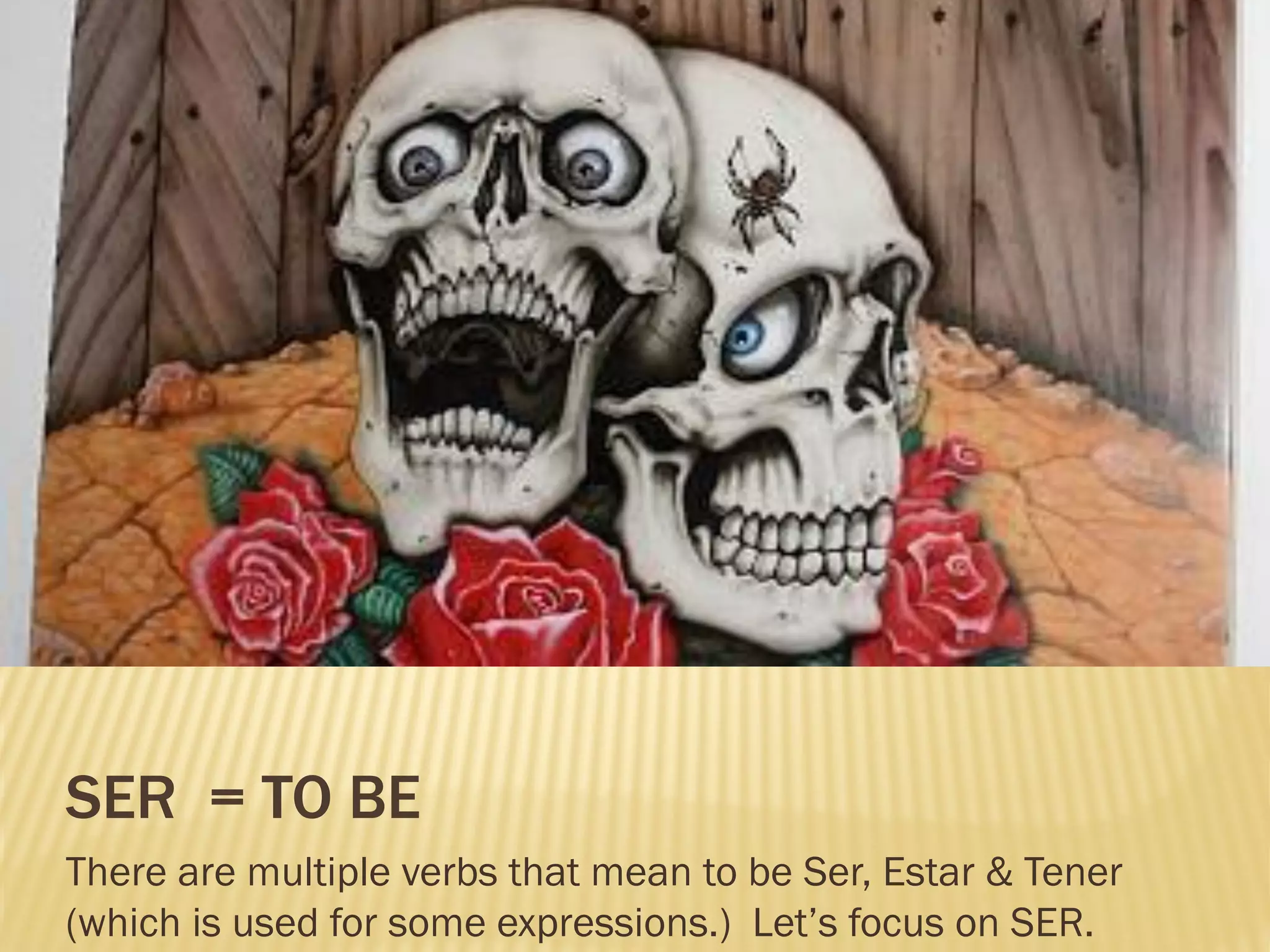SER = TO BE
There are multiple verbs that mean to be Ser, Estar & Tener
(which is used for some expressions.) Let’s focus on SER.
 