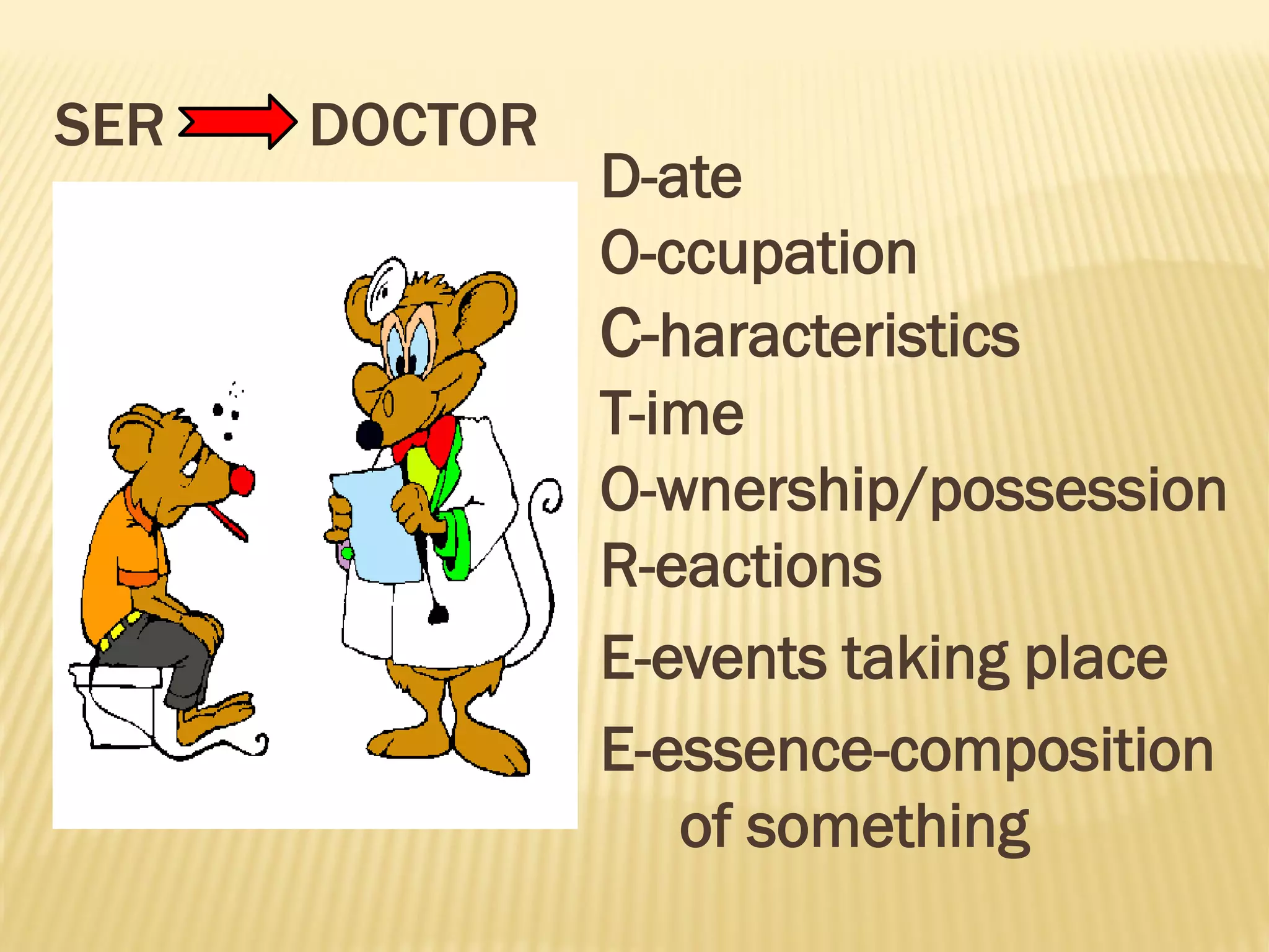 SER DOCTOR
D-ate
O-ccupation
C-haracteristics
T-ime
O-wnership/possession
R-eactions
E-events taking place
E-essence-composition
of something
 