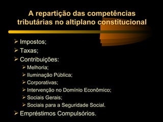 A repartição das competências tributárias no altiplano constitucional Impostos; Taxas; Contribuições: Melhoria; Iluminação Pública; Corporativas; Intervenção no Domínio Econômico; Sociais Gerais; Sociais para a Seguridade Social. Empréstimos Compulsórios. 