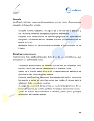 14
Geografía
Identificación del origen, causas, cambios y relaciones entre los hechos y fenómenos que
se suscitan en la superficie terrestre.
Geografía humana y económica. Descripción de la relación entre la población y
sus actividades económicas en espacios geográficos determinados.
Geografía física. Identificación de los elementos geográficos y su representación
cartográfica; así como los factores naturales, humanos y los fenómenos que en
ellos se producen.
Geopolítica. Descripción de los cambios estructurales y organizacionales de los
Estados.
Disciplinas complementarias
Reconocimiento de los aportes conceptuales de las áreas del conocimiento humano que
se relacionan con las Ciencias Sociales.
Antropología. Reconocimiento de elementos conceptuales de Antropología como
disciplina científica así como de los elementos de la diversidad cultural.
Aportes de la filosofía. Identificación de las corrientes filosóficas, elementos del
conocimiento y los principios éticos y estéticos.
Economía. Identificación de los procesos de producción, distribución y consumo de
los recursos y bienes, así como las normas que regulan el mercado para la
satisfacción de las necesidades humanas.
Sociología. Reconocimiento de las normas que regulan el comportamiento del ser
humano en sociedad, así como los conflictos derivados de las relaciones sociales.
Aportes del derecho. Reconocimiento de la estructura jurídica y política que regula
las funciones del Estado ecuatoriano.
 